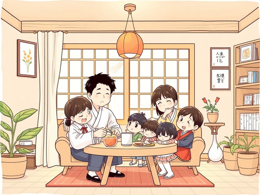 Classic Japanese family comic cover with a warm home interior