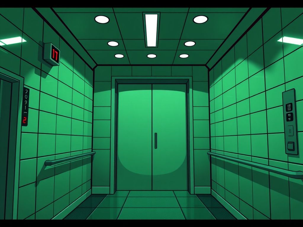 Popular Korean thriller webtoon cover with a green elevator hallway