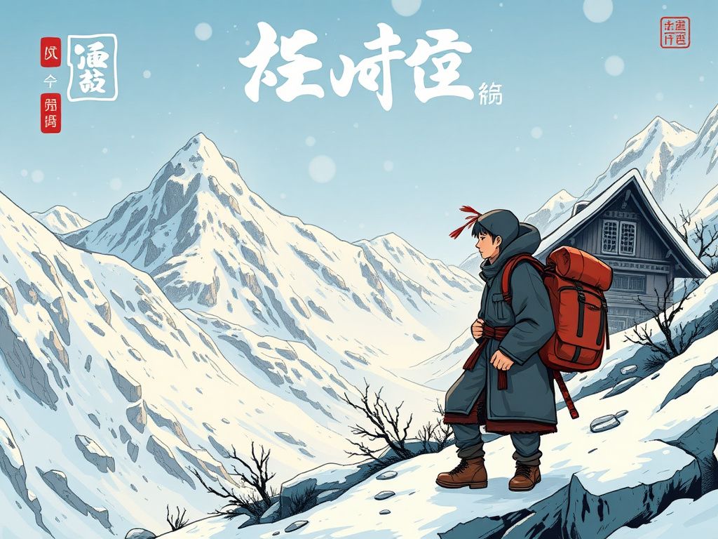 Chinese adventure comic cover with a traveler in a snowy mountain