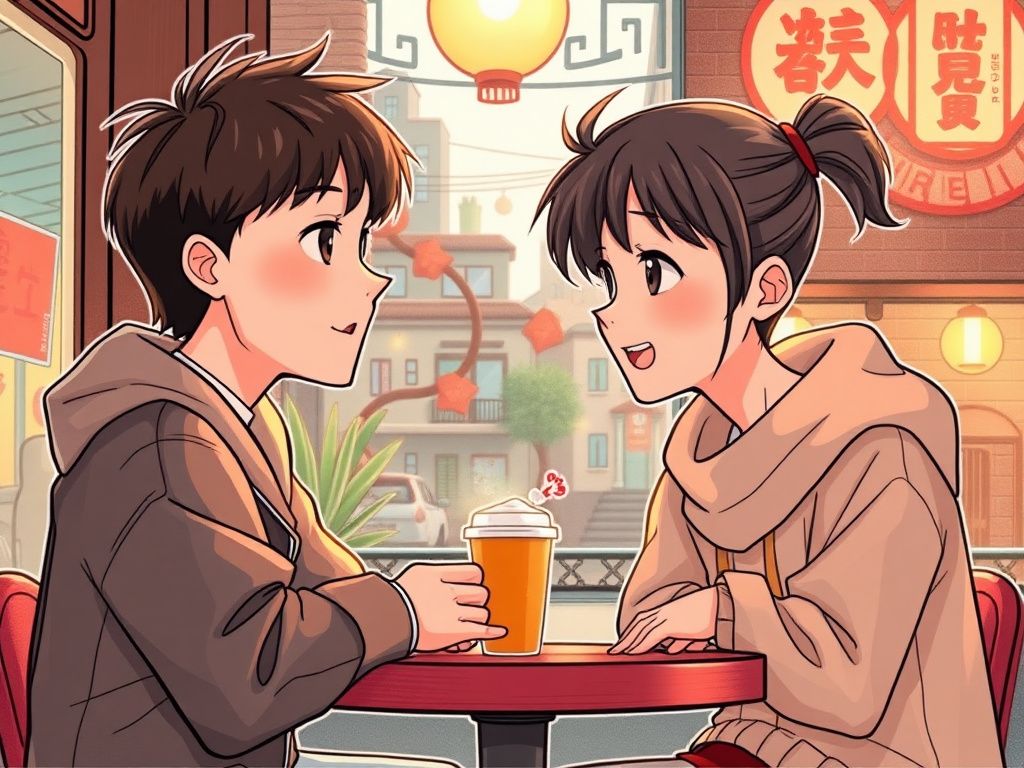 Chinese urban comic cover with two friends in a warm cafe