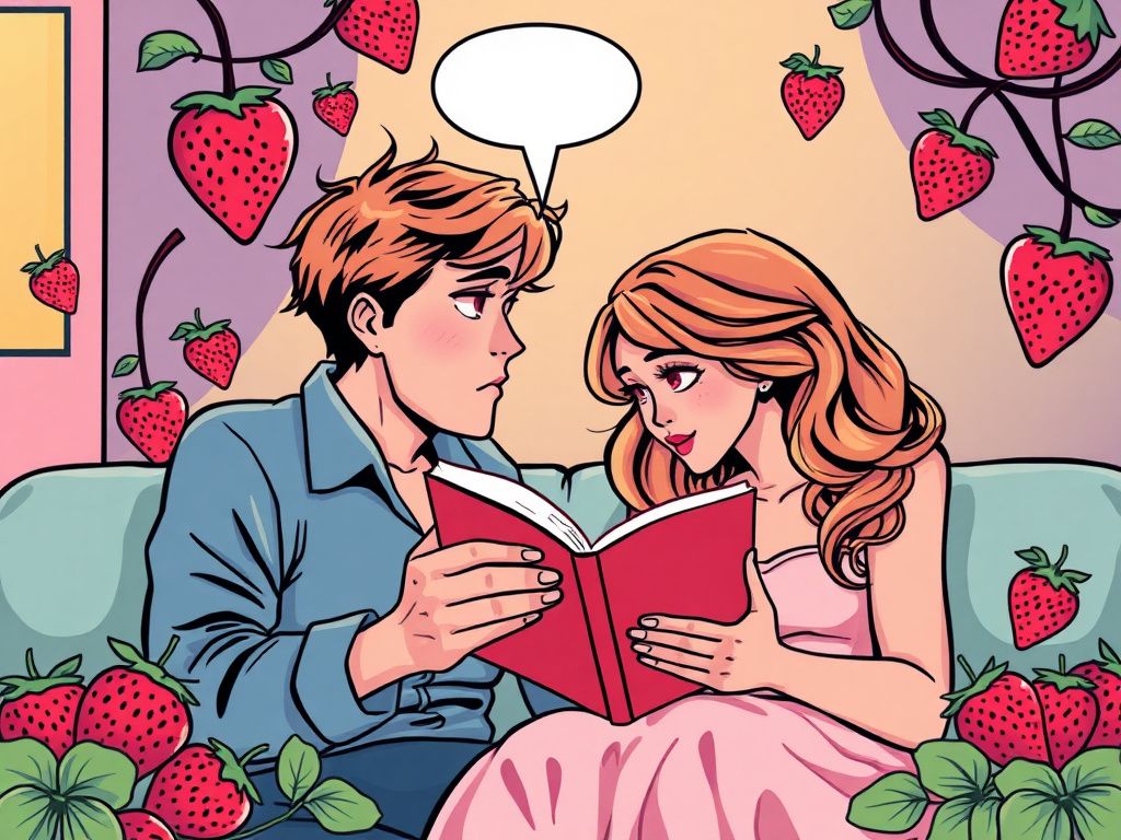 A colorful romantic comic reading scene with strawberry accents